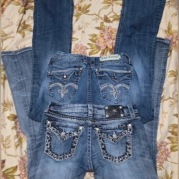 Y2K Miss Me & Rock Revival Women's Blue Denim Bootcut Jeans Bling Pockets - Picture 1 of 7